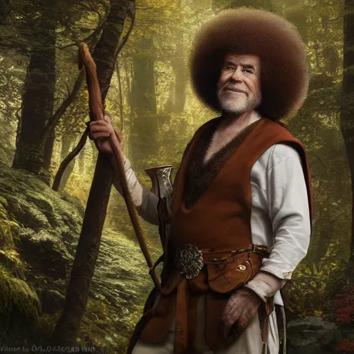 Image similar to an ultra detailed matte painting of bob ross dressed as a wandering elf druid, silver hawk animal companion, d & d, fantasy concept art by alphonse mucha and greg rutkowski, octane render, 8 k, detailed face