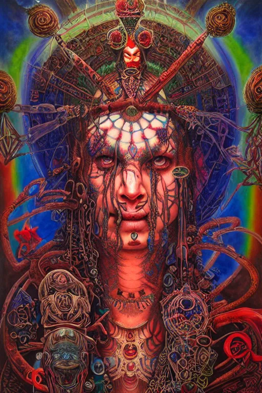 Prompt: psychedelic shaman, red and blue, wearing celtic tattoos, inside an epic, ancient temple, ayami kojima, greg hildebrandt, mark ryden, hauntingly surreal, eerie vibrating color palette of charlie immer, highly detailed painting by, jenny saville, soft light 4 k