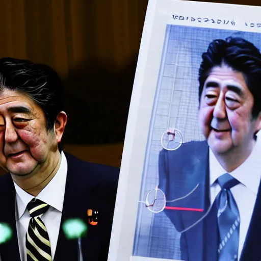 Prompt: shinzo abe holding a statistical graph of the japanese birth rate climbing up