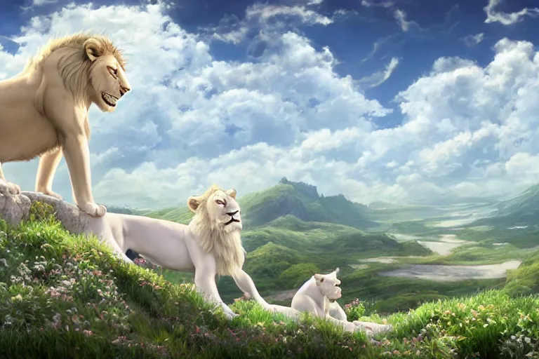 Prompt: a vast scene, panorama distant view, hyper detailed scene render of a boy and white lion, gather in the center of the picture, finely detailed perfect face delicate features directed gaze, in the white clouds fairyland, golden curve structure, animation portrait concept art, trending on pixiv fanbox, violet evergarden, studio ghibli, james jean, extremely high quality artwork