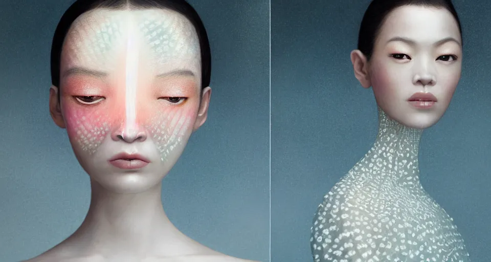 Image similar to closeup shot of asian female wearing a luminous soft fragile jelly fish dress, symmetrical face, by ray caesar, by louise dahl wolfe, by andrea kowch, by anna claren, surreal photography