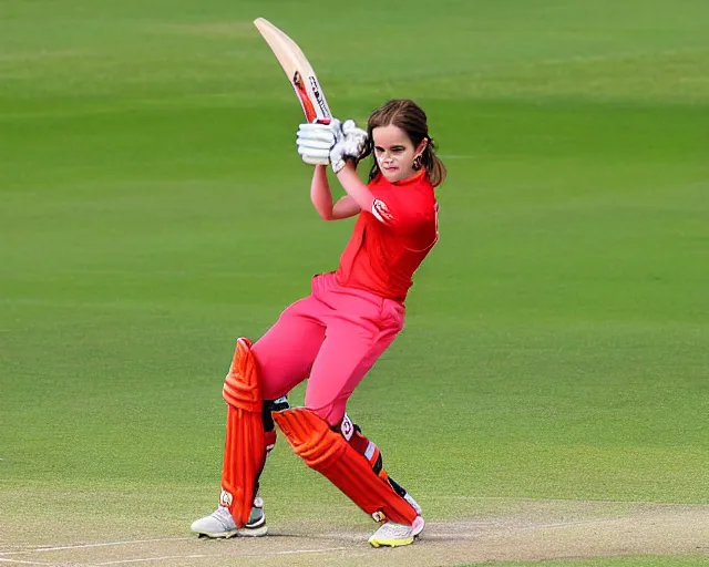 Image similar to emma watson opens the batting for england at lord's cricket ground, sports photography, close up, clear face