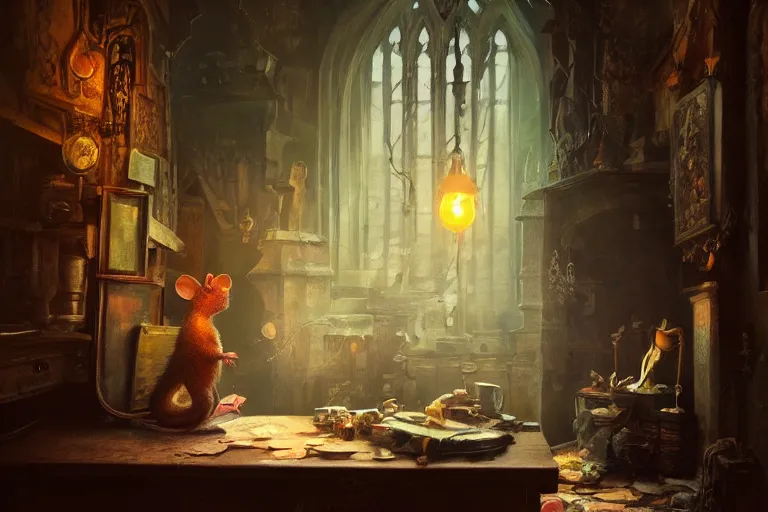 Prompt: A mouse in a Gothic atelier, oil painting, detailed, colorful, glowing lighting, 4k, depth of field, in the style of Yanjung Chen and Tom Bagshaw,