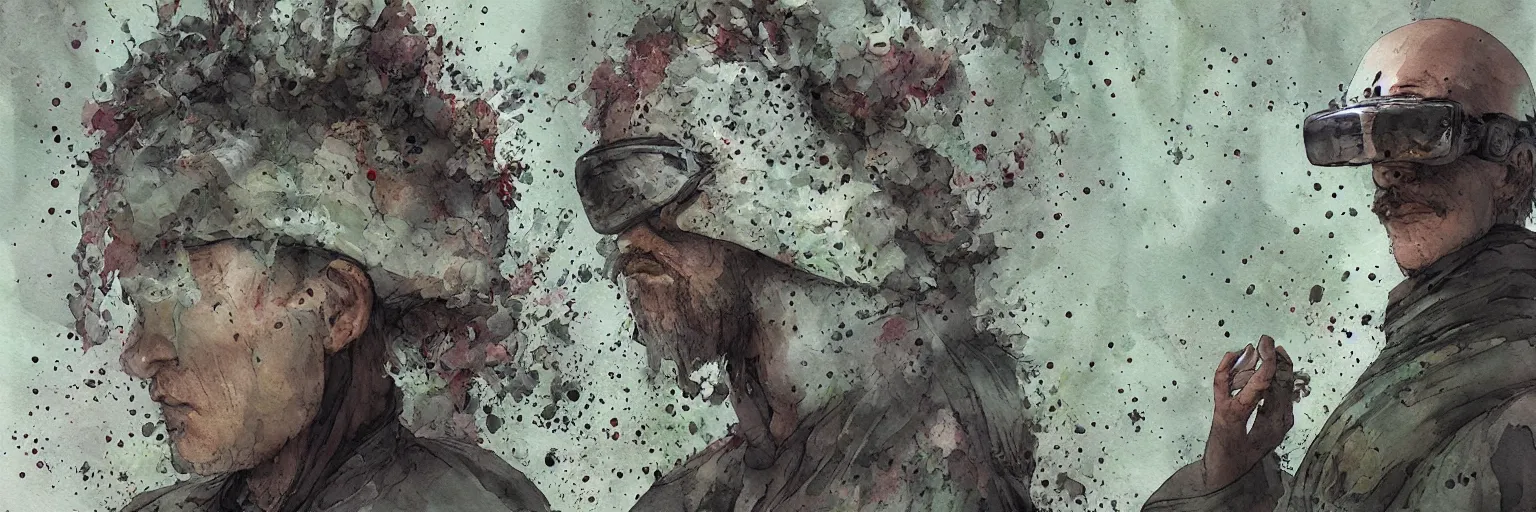 Image similar to plant based warrior monk wearing augmented reality visor while meditating by Jean-Baptiste Monge, post processing, painterly, book illustration watercolor granular splatter dripping paper texture. Trending on artstation, post processing, pen and ink work. sharp focus.