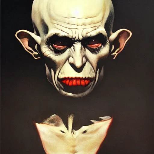 Image similar to ultra realistic portrait painting of nosferatu, art by frank frazetta, 4 k, ultra realistic, highly detailed, epic lighting