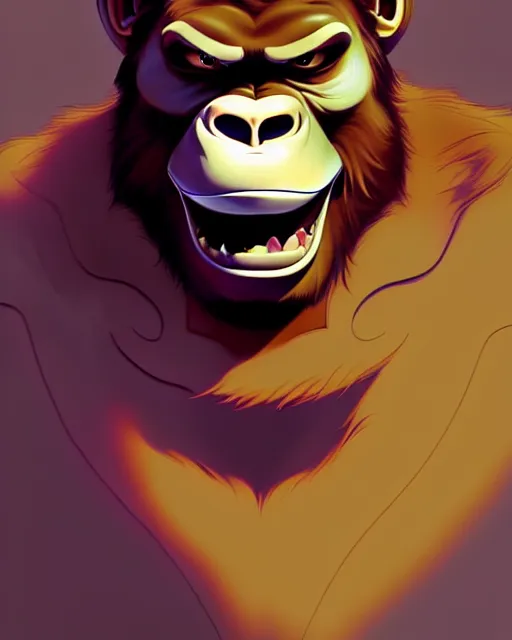 Image similar to don bluth, loish, artgerm, joshua middleton, steampunk, clockpunk anthropomorphic gorilla, brown suit, smiling, symmetrical eyes symmetrical face, colorful animation forest background