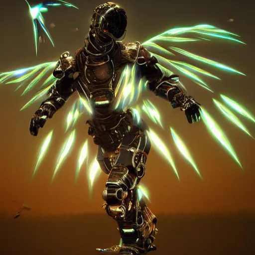 Image similar to birds in glowing cybernetic battle armor, photorealistic