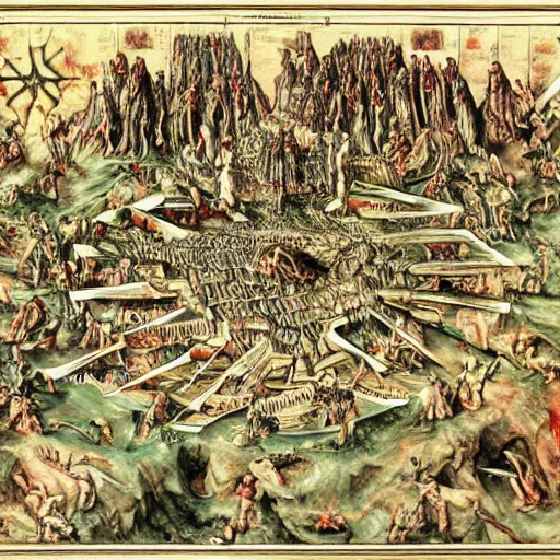 Image similar to detailed map of the nine layers of hell from dantes inferno. cutaway style.