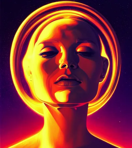 Image similar to a golden woman 2/3 portrait, in space, head breaking apart and spiraling geometry into the sky upwards into the heavens, 3 point perspective, lazer light beaming down to top of her head, by james jean, by syd mead artgerm, featured in artstation,, elegant, Moebius, Greg rutkowski, futurism