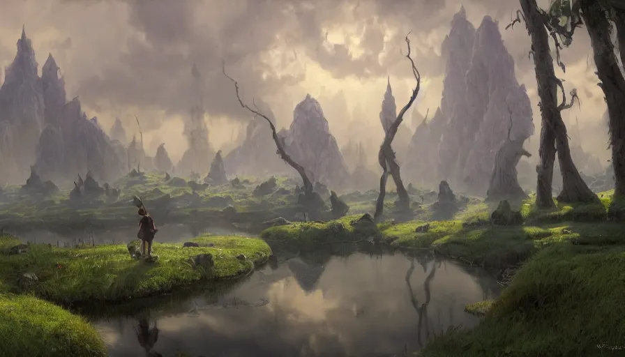 Image similar to A highly detailed matte painting of Shrek's huge swamp, by Studio Ghibli, Makoto Shinkai, by Artgerm, by WLOP, by Greg Rutkowski, volumetric lighting, octane render, 4K resolution, trending on artstation, masterpiece