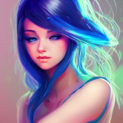 Image similar to teen girl, blue hair, gorgeous, amazing, elegant, intricate, highly detailed, digital painting, artstation, concept art, sharp focus, illustration, art by ross tran