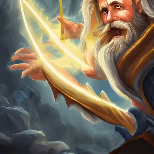 Image similar to Zeus with white beard and hair, lightning bolt in Zeus's hand, hearthstone art style, epic fantasy style art, fantasy epic digital art, epic fantasy card game art