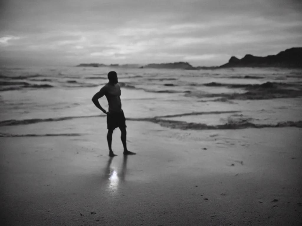 Image similar to 3 5 mm photography of huggy wuggy on a beach, sunset