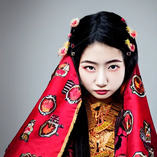 Image similar to close up, portrait of 18 years old female japanese jew model wearing javanese costume with star of david Jew symbols, photography, realistic, Zeiss camera