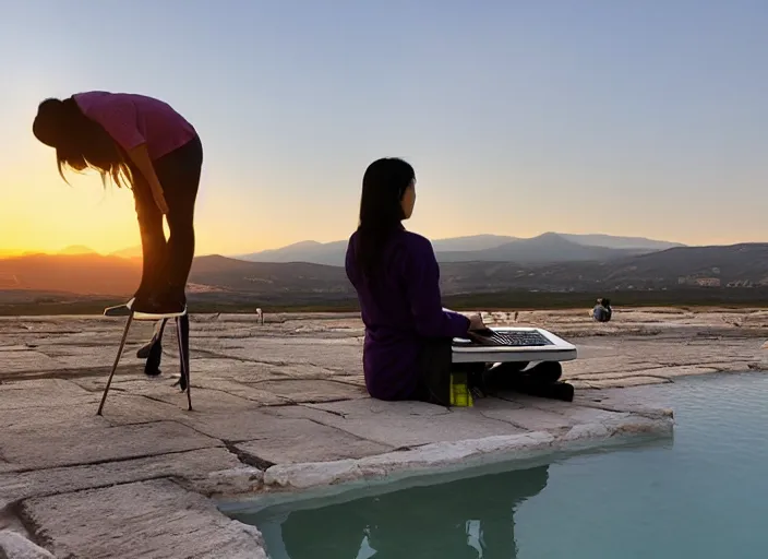 Image similar to Lee Jin-Eun hacking a laptop at Pamukkale by WLOP, rule of thirds, seductive look, beautiful, masterpiece, Refined