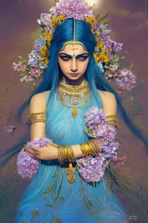 Image similar to a pale Indian girl with white hair, floral crown, sad blue eyes, cinematic lighting, ultra detailed, highly detailed, sharp focus, golden background with flowers, golden jewellery with blue sapphires, photographic, art by artgerm and greg rutkowski and zdislav beksinski