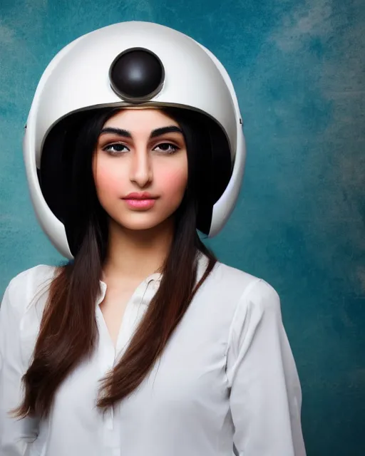 Image similar to centered medium shot fine studio photograph of a beautiful persian girl wearing a zoroastrian mecha electronic helmet with led lights, ultra-realistic, white background, 8k HDR morning light, intricate detail