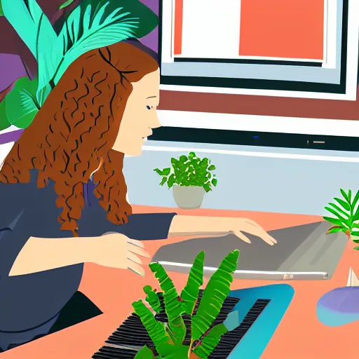 Prompt: gouache portrait of a woman with brown hair programming a computer, photograph of the whole room, colorful computer screen, home office with plants, colorful kid toys all over the floor, piano in the background, cosy, serene, morning light, very detailed, vivid colors, solid color background, steampunk