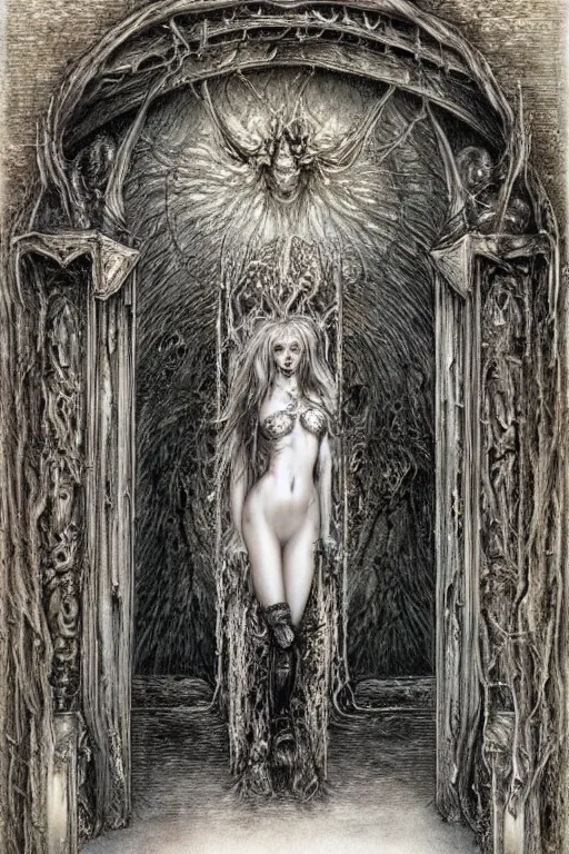 Prompt: the great door of hell, intrincate details, flesh and blood, painted by luis royo