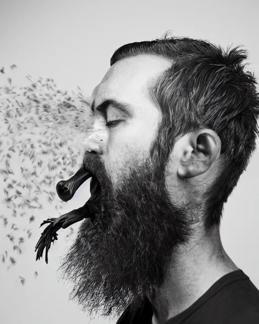 Image similar to a man's face in profile, long beard, flowers spraying out of his mouth, in the style of the Dutch masters and Gregory Crewdson, dark and moody