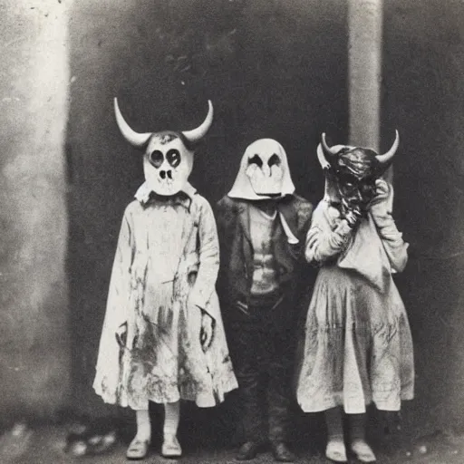 Prompt: portrait of children wearing devil masks, photograph, style of atget, 1 9 1 0, creepy, dark