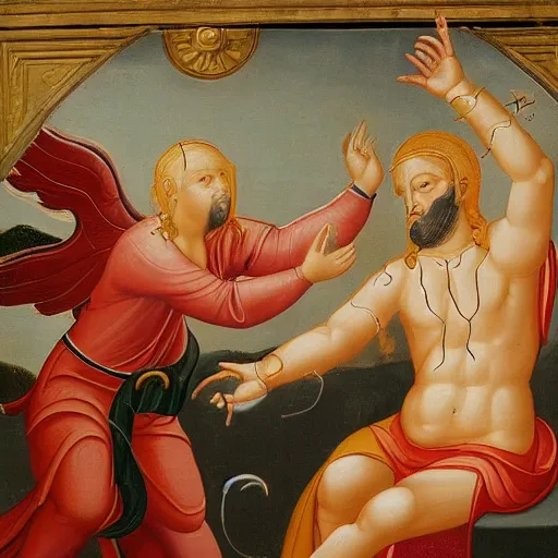 Image similar to masterful religious painting, god fighting the devil