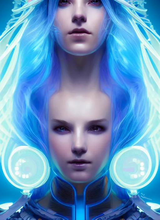 Image similar to symmetry!! portrait of woman with long flaming blue hair, sci - fi, tech wear, glowing lights!! intricate, elegant, highly detailed, digital painting, artstation, concept art, smooth, sharp focus, illustration, art by artgerm and greg rutkowski and alphonse mucha, 8 k