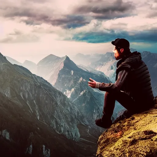 Image similar to a man sitting on top of a beautiful mountain, fantasy landscape, stunning detail, ominous energy in front of him, back shot angle