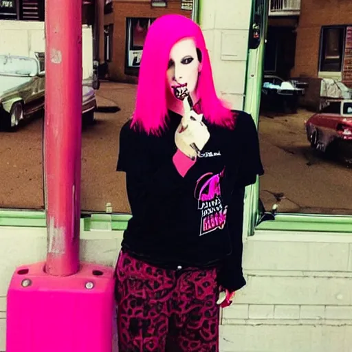 Prompt: photo of jeffree star in the 2 0 0 0 s with pink red hair holding a 🚬