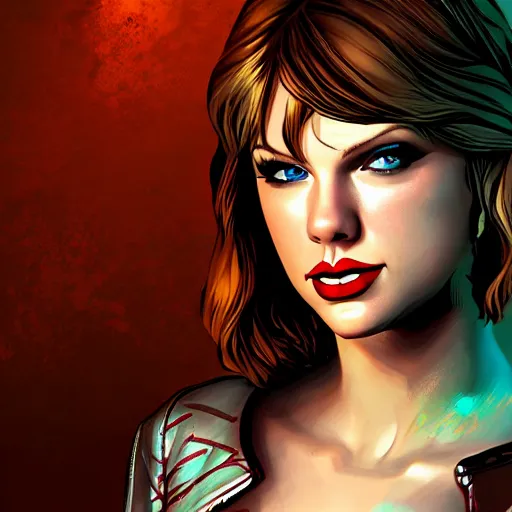 Image similar to taylor swift portrait, borderlands, tales from the borderlands, the wolf among us, comic, cinematic lighting, studio quality, 8 k