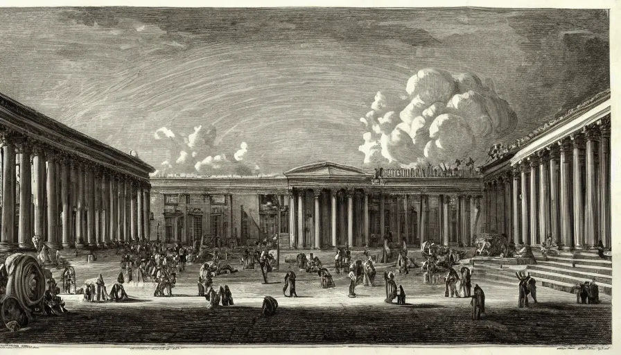 Prompt: a huge square with spherical neoclassical building, by piranesi, high quality, high detailed