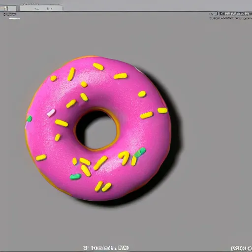 Image similar to 3 d render of realistic pink frosted donut with sprinkles, the donut has a bite taken out of it