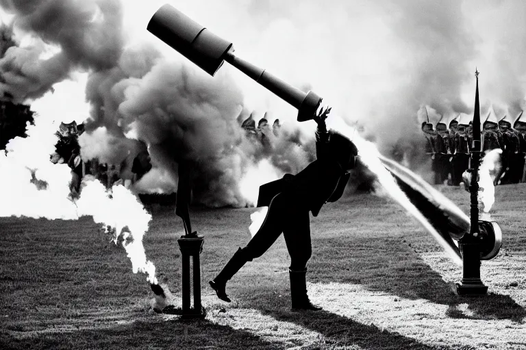 Prompt: closeup portrait of emmanuel macron dressed as napoleon firing a cannon at england, natural light, sharp, detailed face, magazine, press, photo, steve mccurry, david lazar, canon, nikon, focus