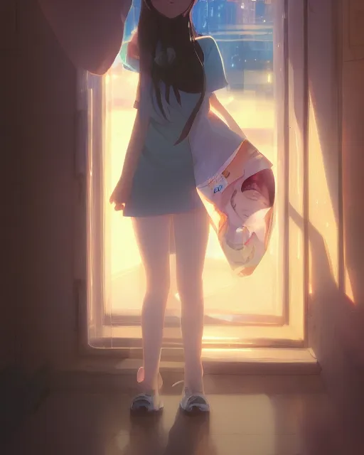 Image similar to a girl wearing a potato chip bag over her head, full shot, atmospheric lighting, by makoto shinkai, stanley artgerm lau, wlop, rossdraws