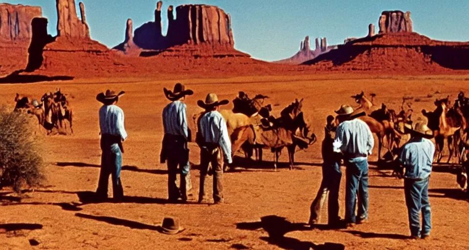 Image similar to film still showing cowboys looking at a gigantic abstract sculpture in the desert directed by Sergio Leone, western, monument valley, cinemascope, technicolor