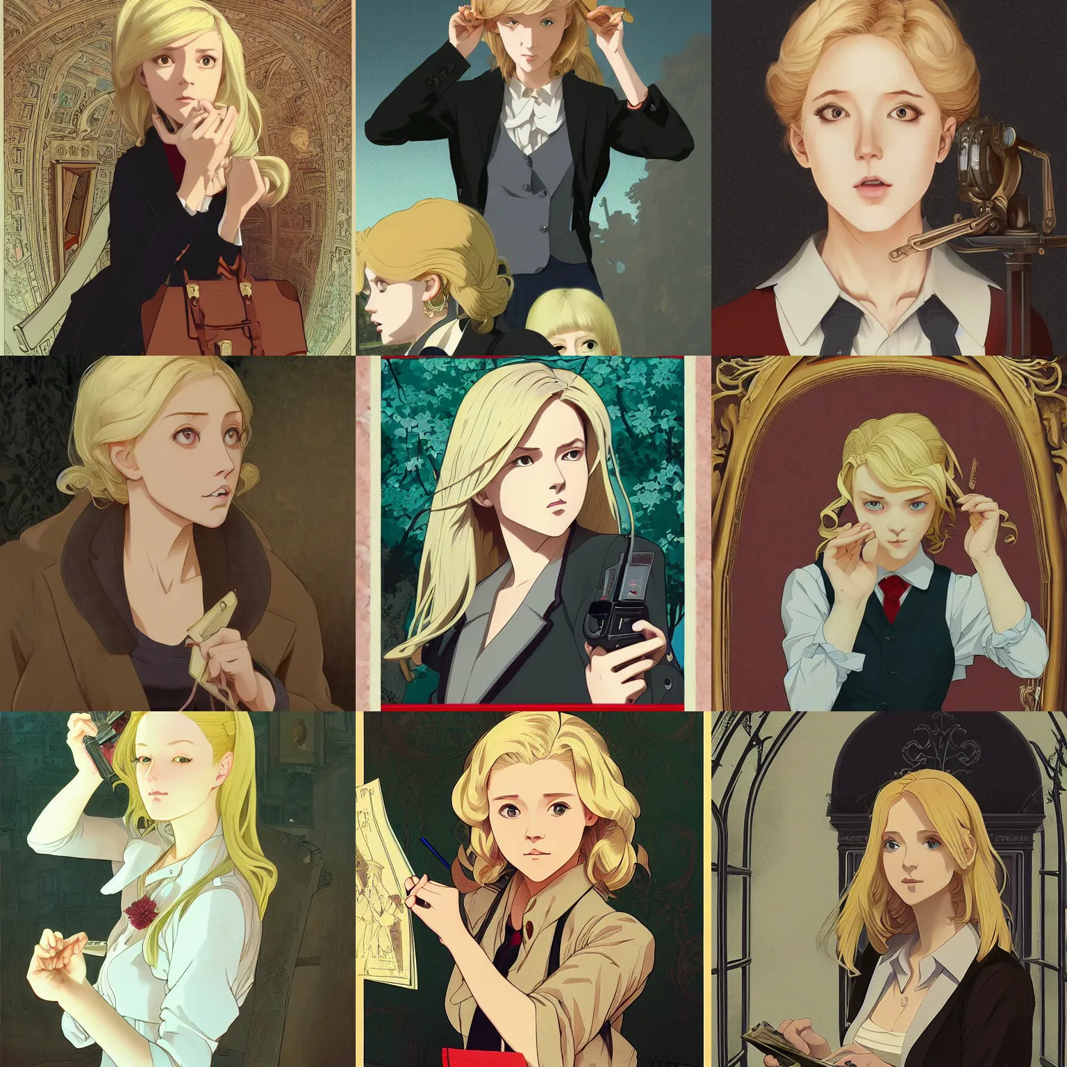 Prompt: portrait of a modern day journalist investigating a haunted mansion, blonde, horror, finely illustrated face, highly detailed, baroque, digital painting, studio ghibli, tankobon, in the style of ilya kuvshinov and krenz cushart and william - adolphe bouguereau and alphonse mucha