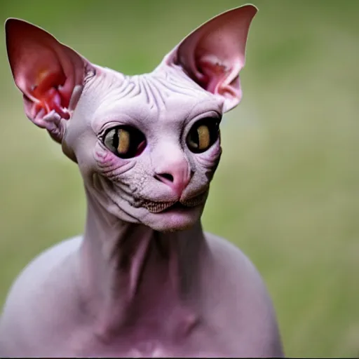 Prompt: hairless sphynx cat wearing south korean military camoflage