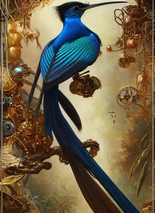 Image similar to hyper realistic paradise flycatcher, refined details, denoised, birds eye view, magical, gems, jewels, gold, steampunk, cyberpunk utopia, painted by tom bagshaw, mucha, gaston bussiere, craig mullins, j. c. leyendecker 8 k