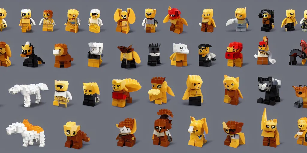 Prompt: small animals made of two or three bricks, four legged, quadrupedal, cute looking, kawaii, sharp focus, character sheet, game concept art, blocky, lego mixels, japanese