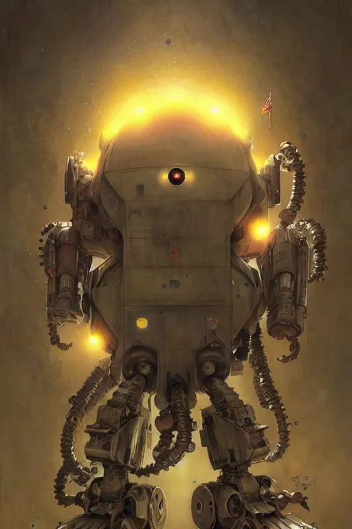 Image similar to pac man mech robot | esoteric symbolism | jean - baptiste monge, esao andrews, bastien lecouffe - deharme, tim jacobus, ken currie | ultra - detailed realism, soft cinematic lighting, hi - fructose, artstation, high - quality, ink watercolors wes anderson poster art