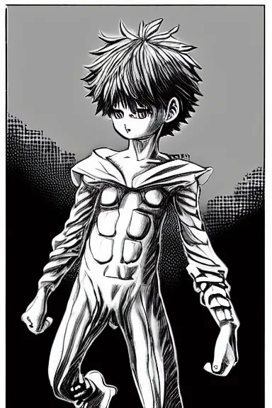 Prompt: attractive salvage little boy in cat suit, black and white artwork made by kentaro miura and yoshihiro togashi and ilya kuvshinov