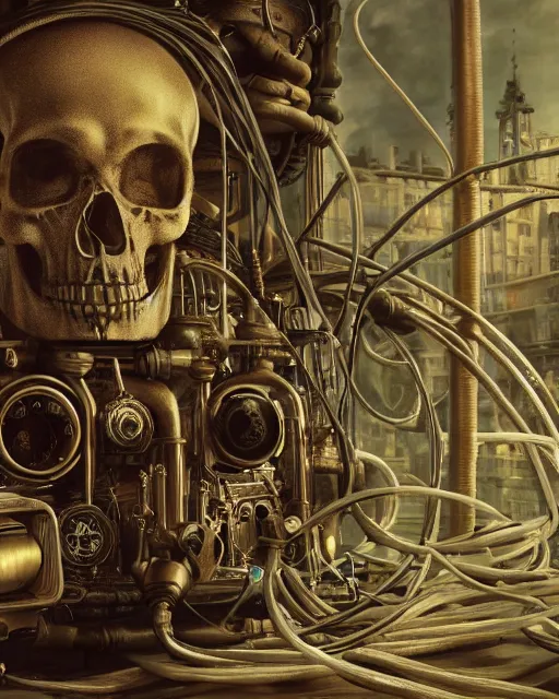 Image similar to beautiful strange detailed painting 8k resolution A steampunk skull with tubes wires and Dieselpunk scene by Paul Delvaux rendered in octane 8k