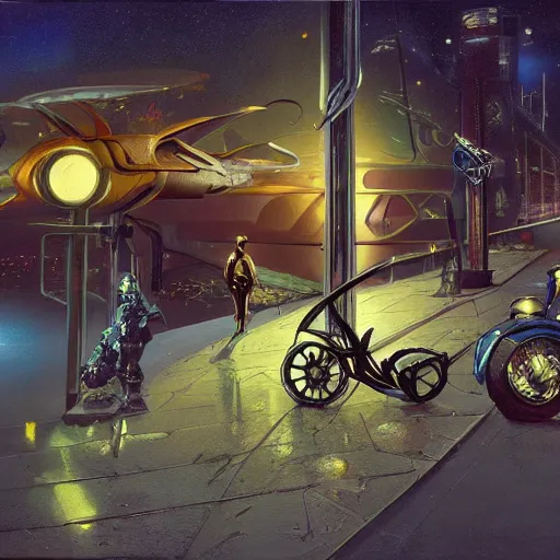 Image similar to painting of syd mead artlilery scifi hover bike with ornate metal work lands on a sidewalk, filigree ornaments, volumetric lights, simon stalenhag