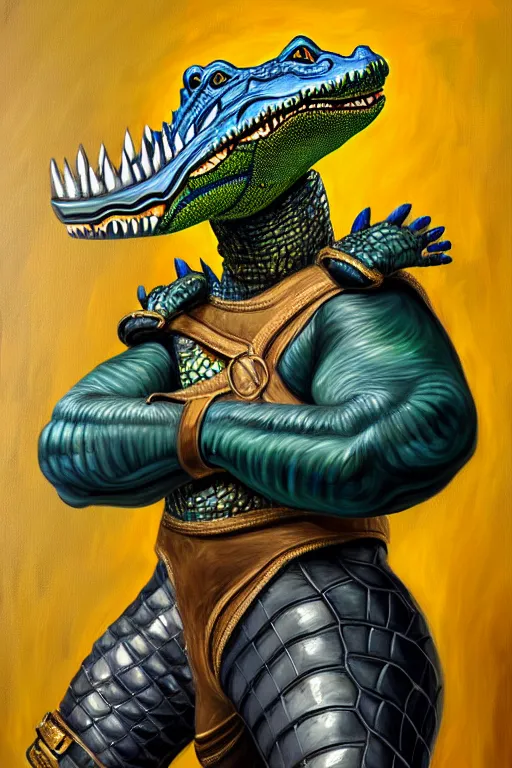 Image similar to royal portrait of an anthropomorphic male alligator fursona in fencing gear, furry art, oil on canvas, dramatic