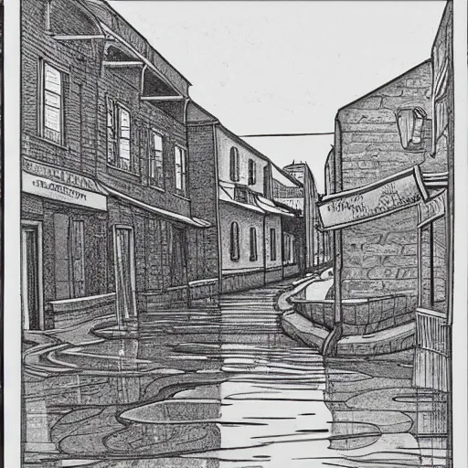 Image similar to water flowing through the streets in old city, sideview, drawing by moebius