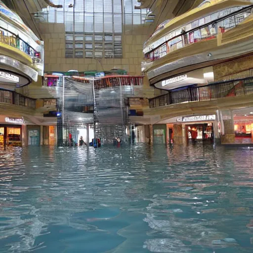 Image similar to photo of inside a shopping mall the inside is flooded with over 2 5 meters depth of water, highly detailed.