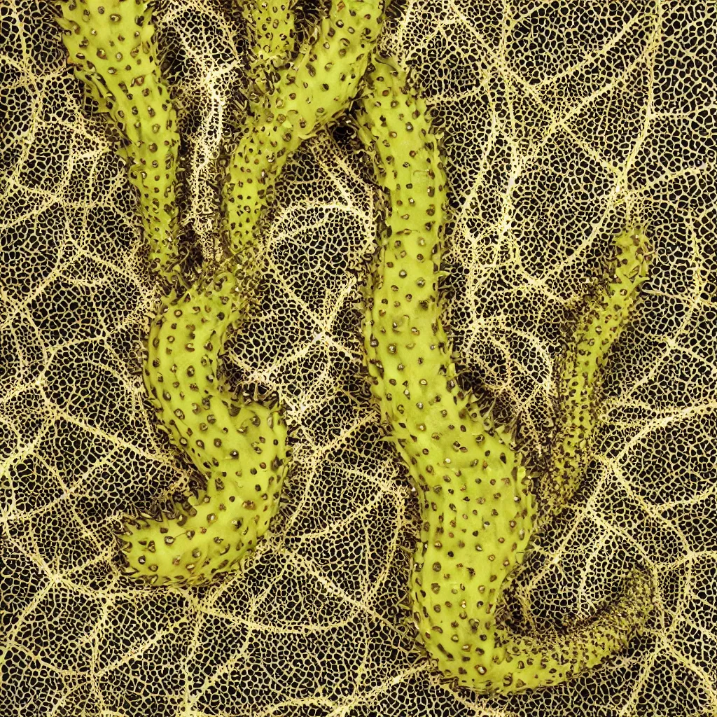 Prompt: high fashion haute couture snakes that look like spiked bananas, and form a complex fractal, cracked, vegetable foliage, art nouveau fractal with petal shape, and stems, mesh roots, hyper real, food photography, high quality