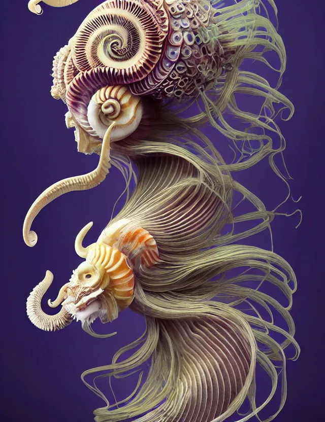 Image similar to 3 d goddess nautilus half - turn portrait with long hair with ram skull. beautiful intricately detailed japanese crow kitsune mask and clasical japanese kimono. betta fish, jellyfish phoenix, bio luminescent, plasma, ice, water, wind, creature, artwork by tooth wu and wlop and beeple and greg rutkowski