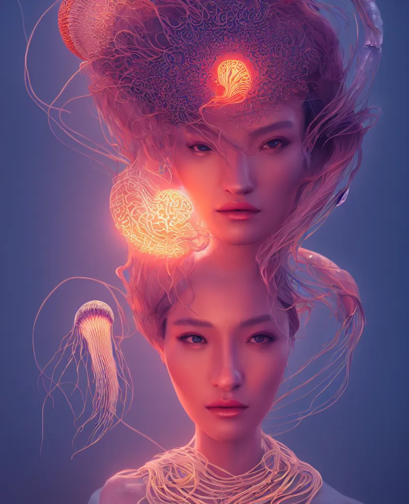 Image similar to goddess portrait. jellyfish phoenix head. intricate artwork by Tooth Wu and wlop and beeple. octane render, trending on artstation, greg rutkowski very coherent symmetrical artwork. cinematic, hyper realism, high detail, octane render, 8k