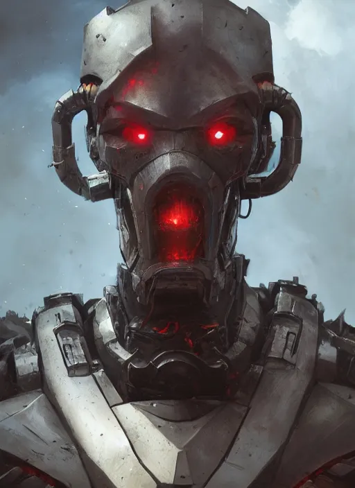 Prompt: hyper realistic portrait of battle warhammer android head, cinematic, chaos marine, artstation, cgsociety, full head, greg rutkowski, james gurney, mignola, craig mullins, brom